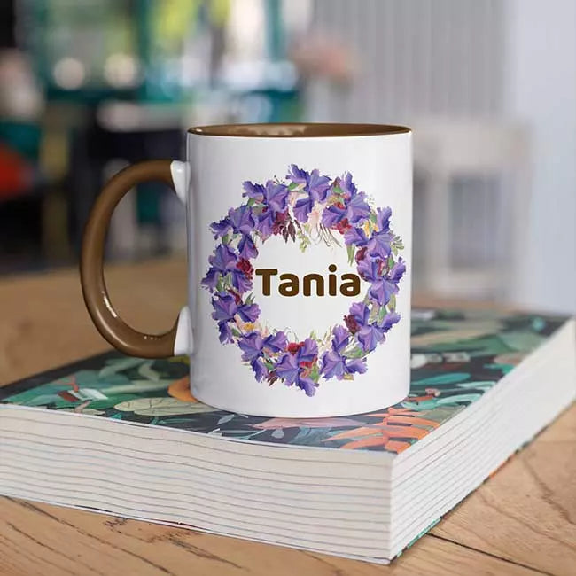 Personalised Black Coloured Inside Name Mug - Floral Wreath