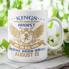 Personalised August Kings birthday mug with Real Kings Are Born on custom date quote
