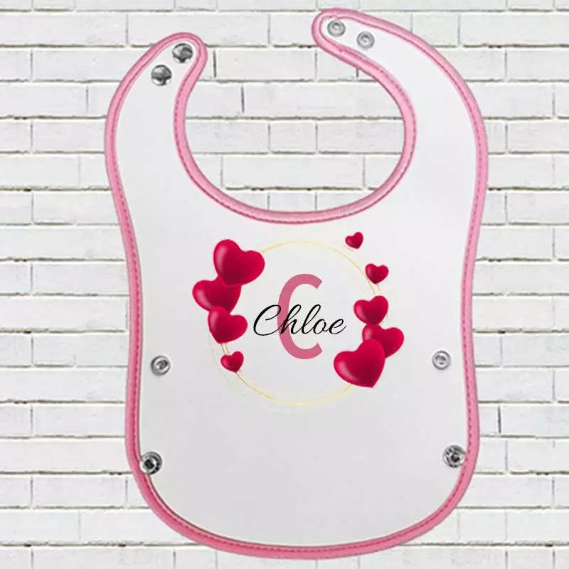 Pink Pocket Baby Bib with Hearts Design - Personalise with Name & Initial
