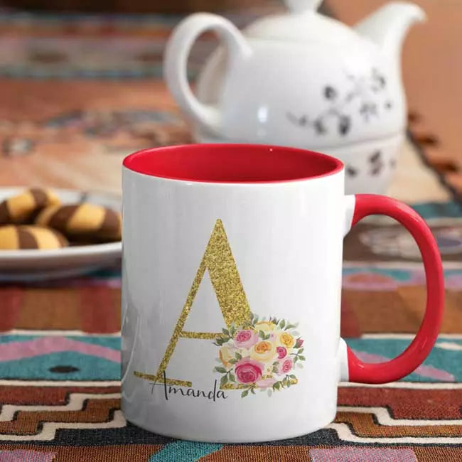 Personalised Name and Initial (with Flowers Bouquet Detail) Mug