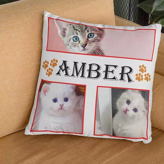 Personalised 3 Photos Collage Cushion with Paws Design