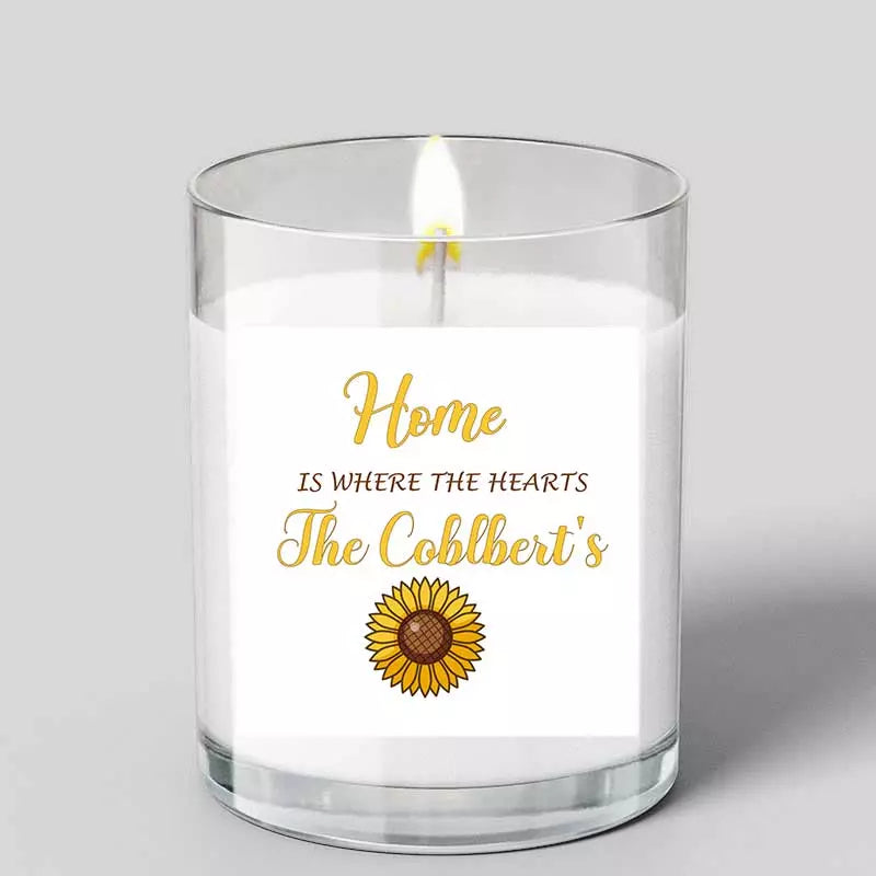 Personalised 'Home is Where the Heart is' Glass Scented Candle with Lid - Sun Flower Design