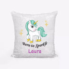 Born to Sparkle Sequin Cushion Cover. Personalised Unicorn Name Gift