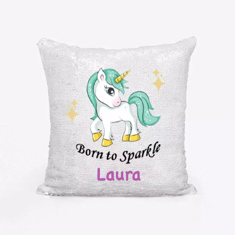 Born to Sparkle Sequin Cushion Cover. Personalised Unicorn Name Gift