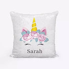 Personalised Sequin Magic Cushion Cover with Floral Unicorn Design