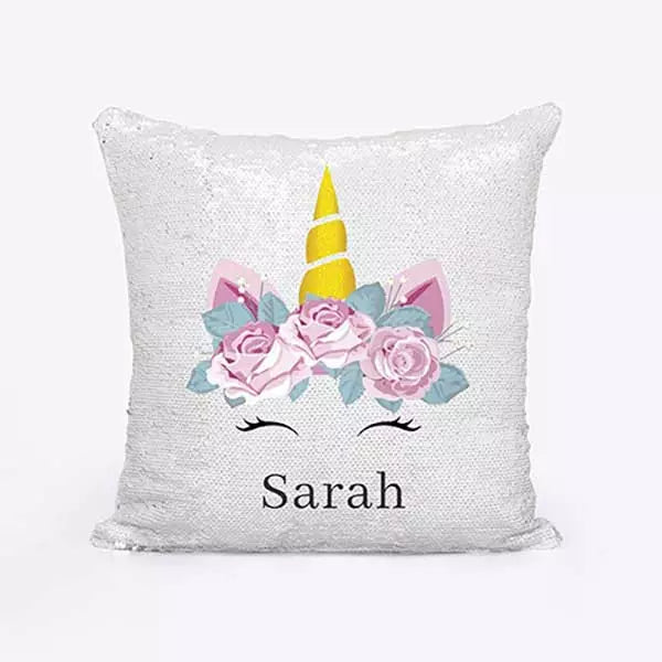 Personalised Sequin Magic Cushion Cover with Floral Unicorn Design