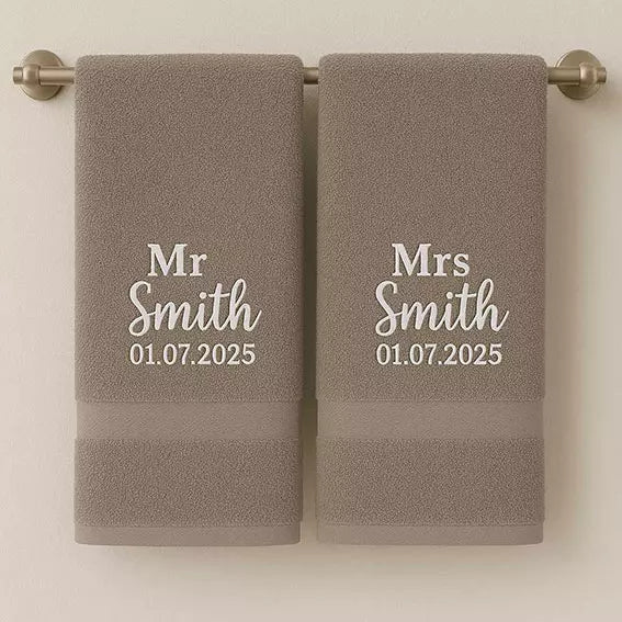 Personalised Mr & Mrs Name & Date Couples Embroidered Towels
