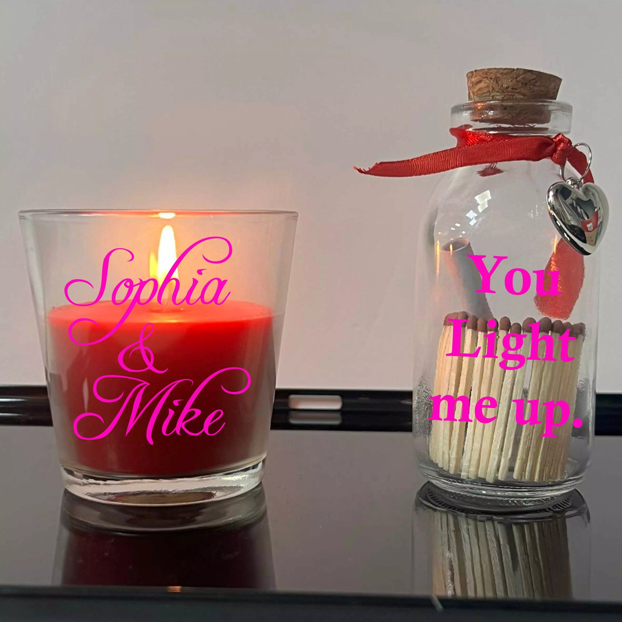Valentine Personalised Scented Candle You Light me Up Name or Initial - Add Message in the Bottle