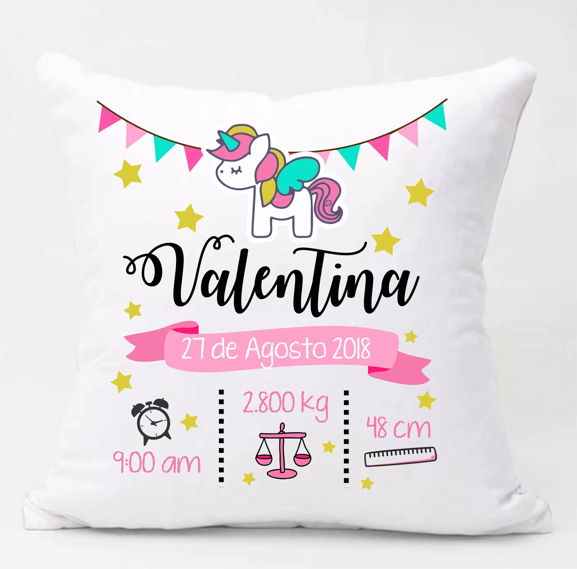 Personalised Unicorn Newborn Baby Cushion - Add Name, Date, Time, Weight