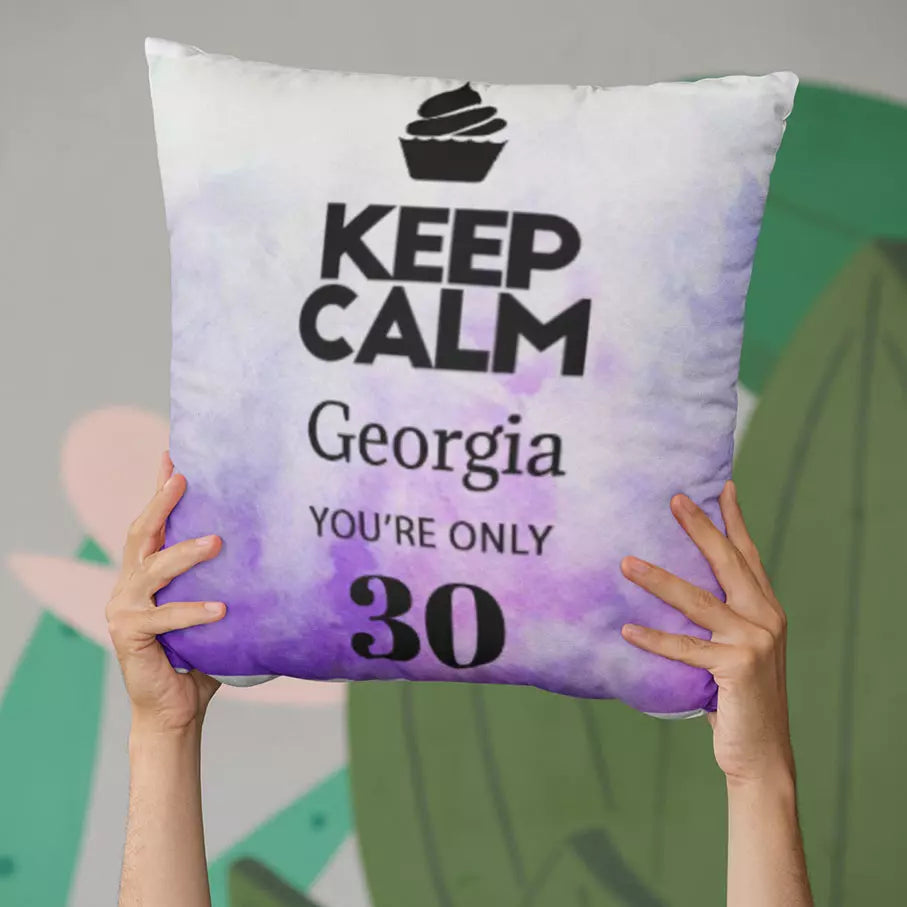 Keep Calm You're Only (AGE) - Personalised Birthday Cushion on Watercolour Purple