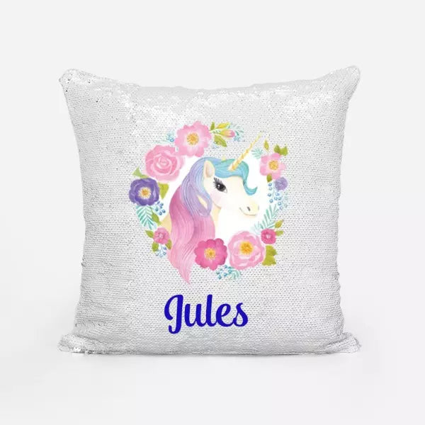 Personalised Unicorn Wreath Sequin Magic Cushion Cover