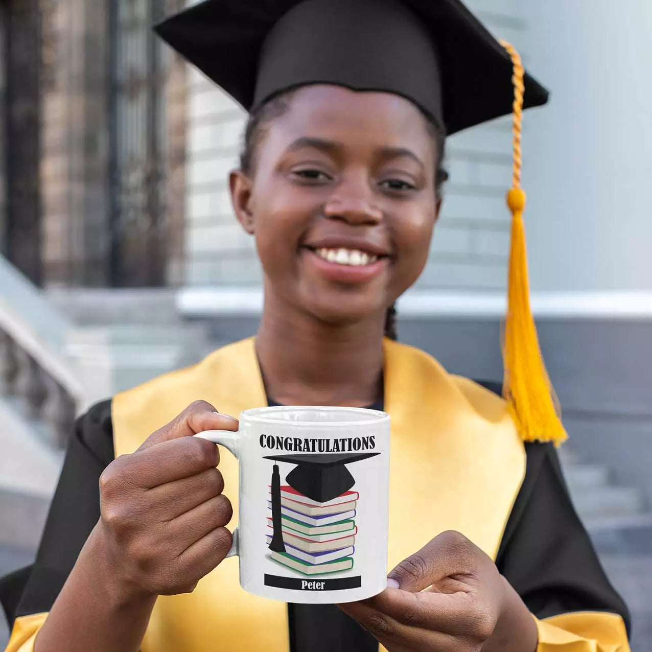 PersonalisedÂ 'Congratulations' Mug for a Graduate - Stack of Books