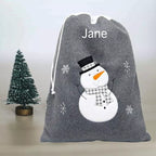 Personalised Plush Silver / Charcoal Snowman Embroidered Christmas Sack