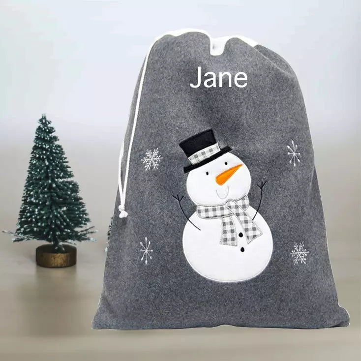 Personalised Plush Silver / Charcoal Snowman Embroidered Christmas Sack