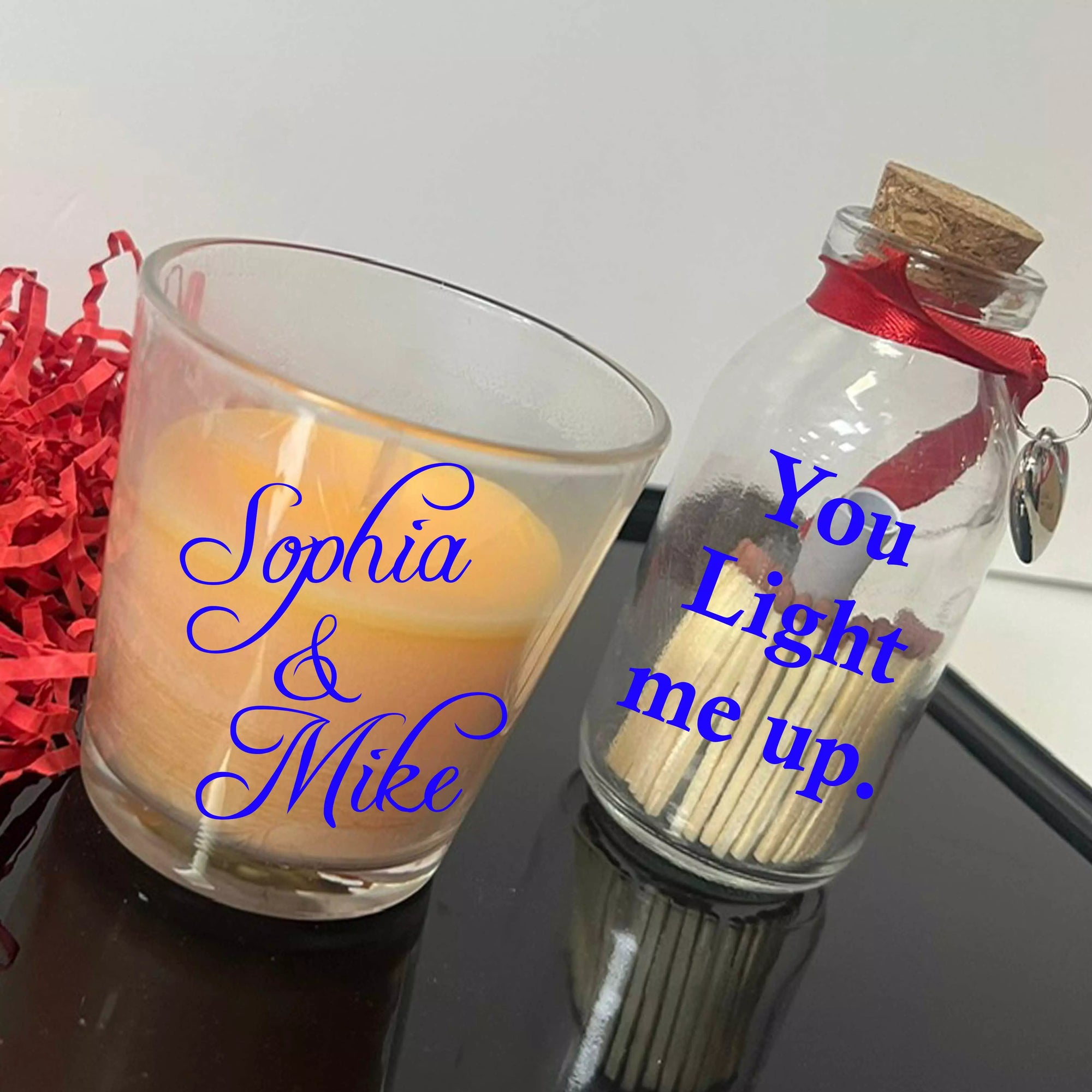 Valentine Personalised Scented Candle You Light me Up Name or Initial - Add Message in the Bottle