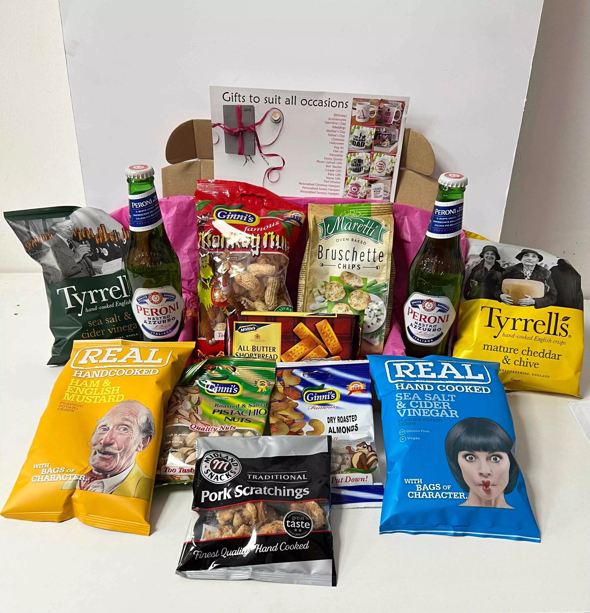 Peroni Beer Bottles and Snacks Hamper with Personalised Christmas Card