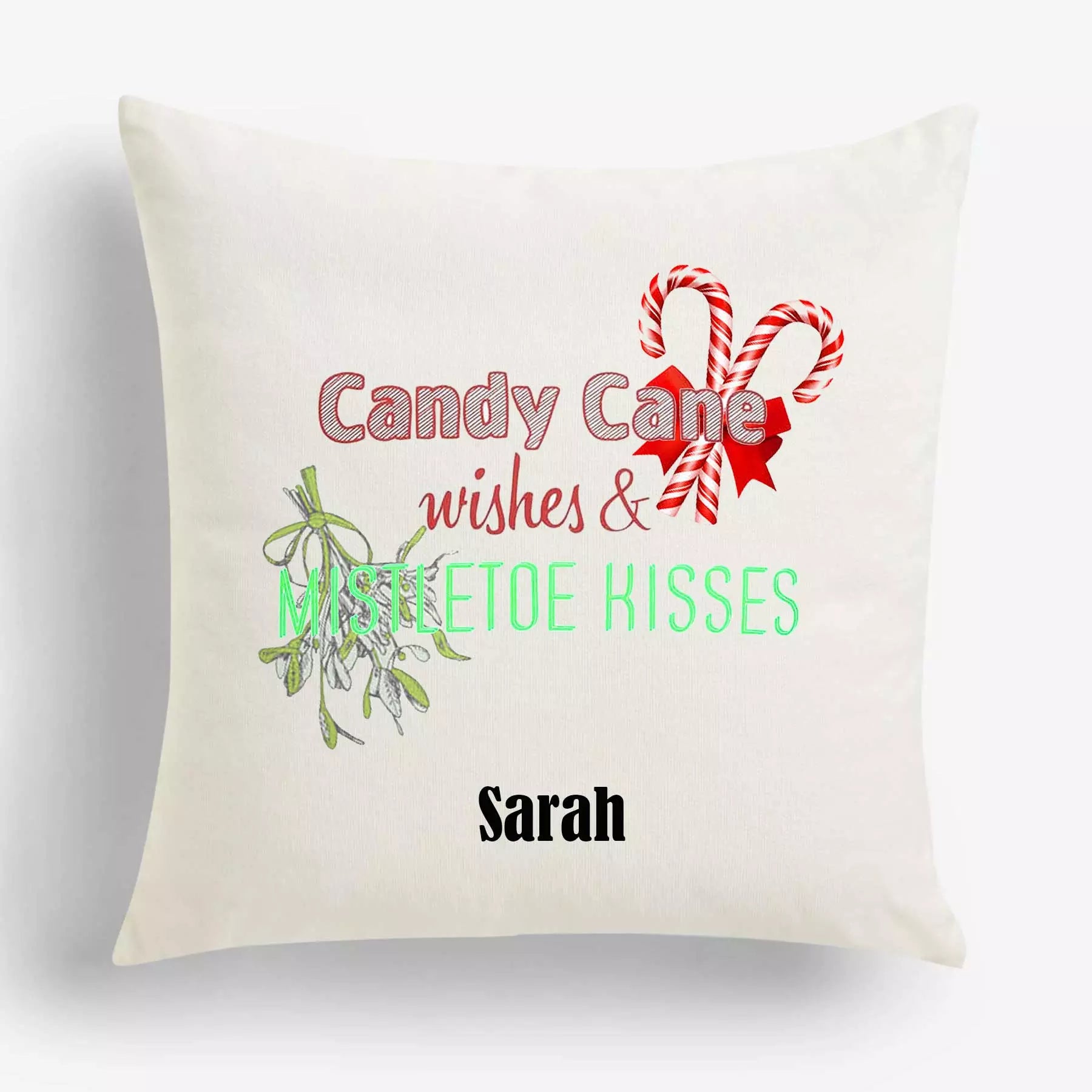 Candy Cane Wishes & Mistletoe Kisses - Personalised Christmas Cushion