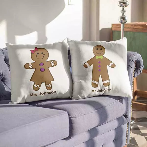 Personalised 'Gingerbread Man & Woman' Couple Cushion Cover Set - Add Names