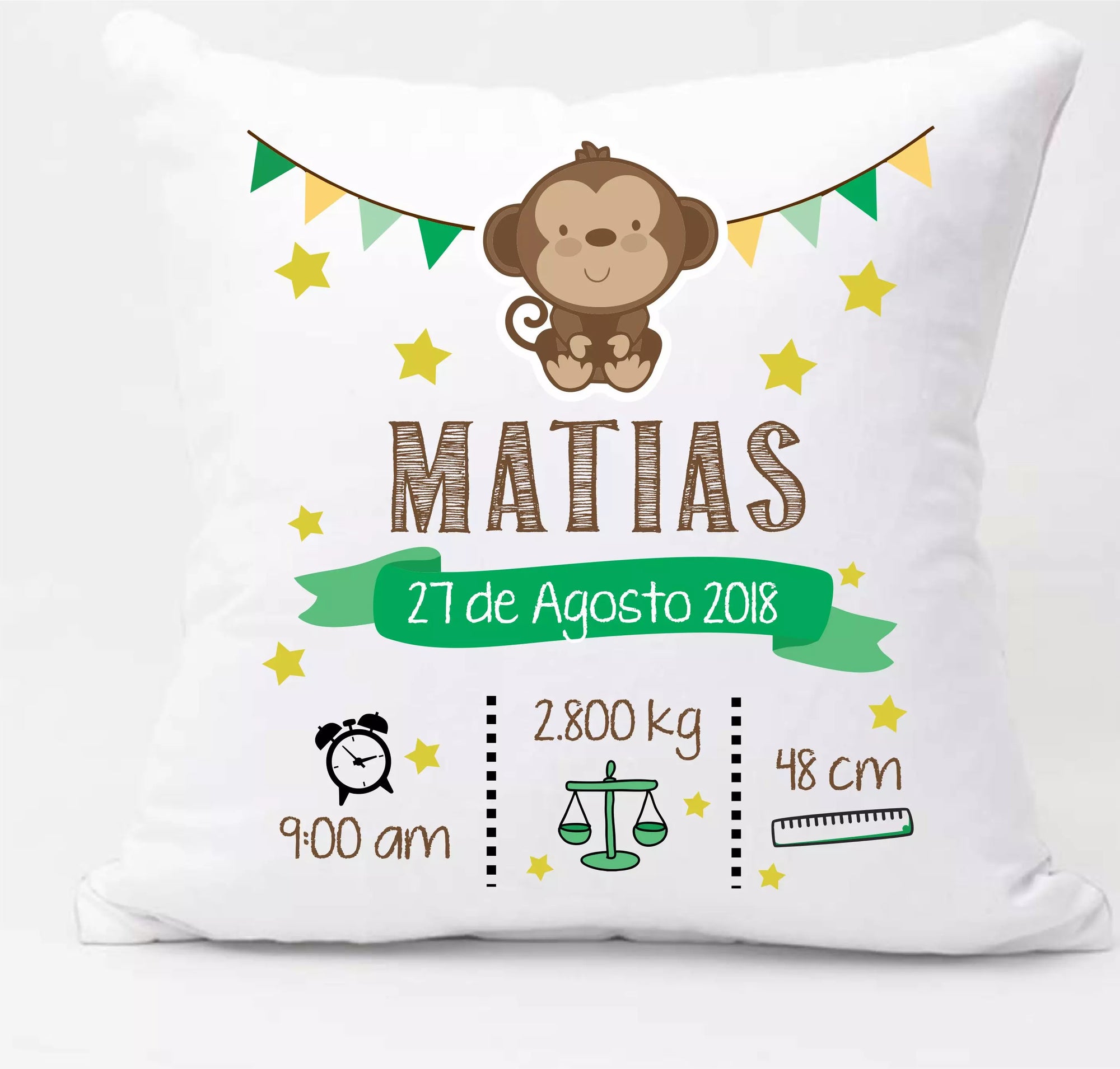 Personalised Monkey Newborn Baby Cushion - Add Name, Date, Time, Weight