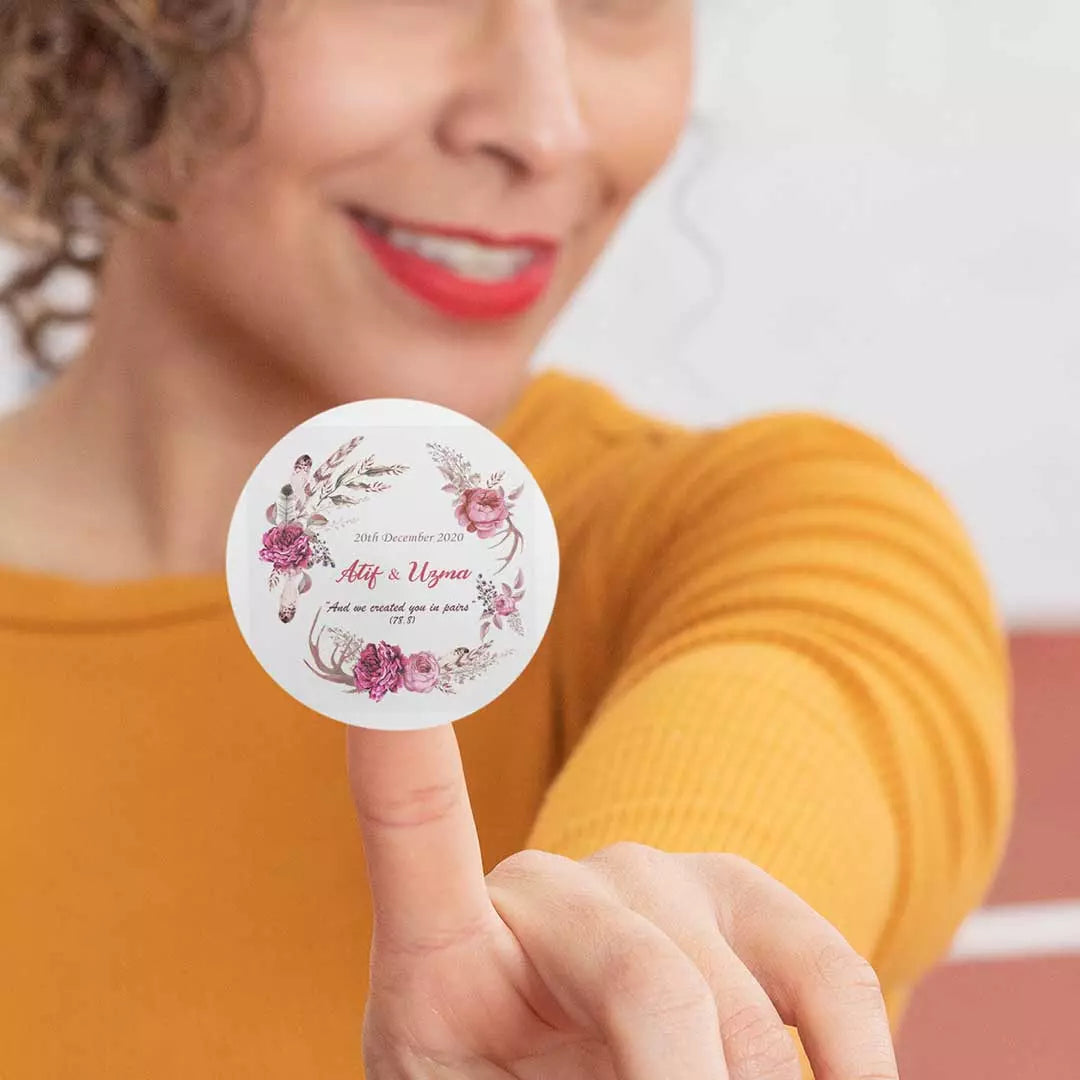 Personalised Labels-Invitations-Stickers - Flowers & Feathers Wreath