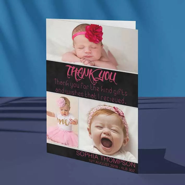 Personalised 3 Photos Thank You Photo Card (Pink)