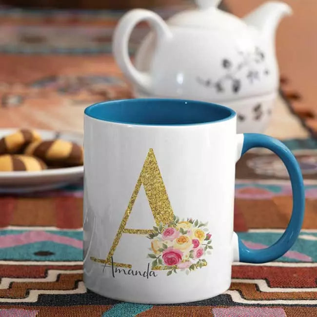 Personalised Name and Initial (with Flowers Bouquet Detail) Mug