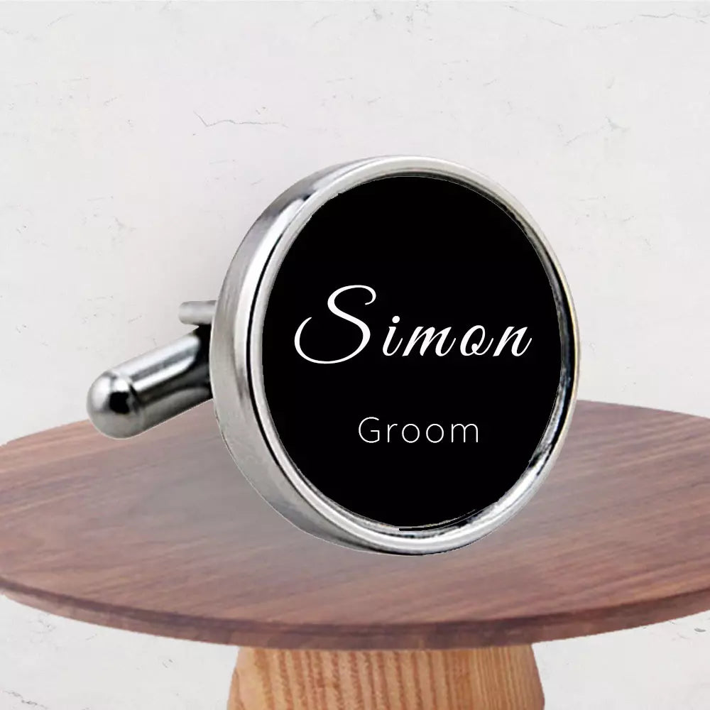 Personalised Name and Wedding Title Round Cufflinks with Gift Box