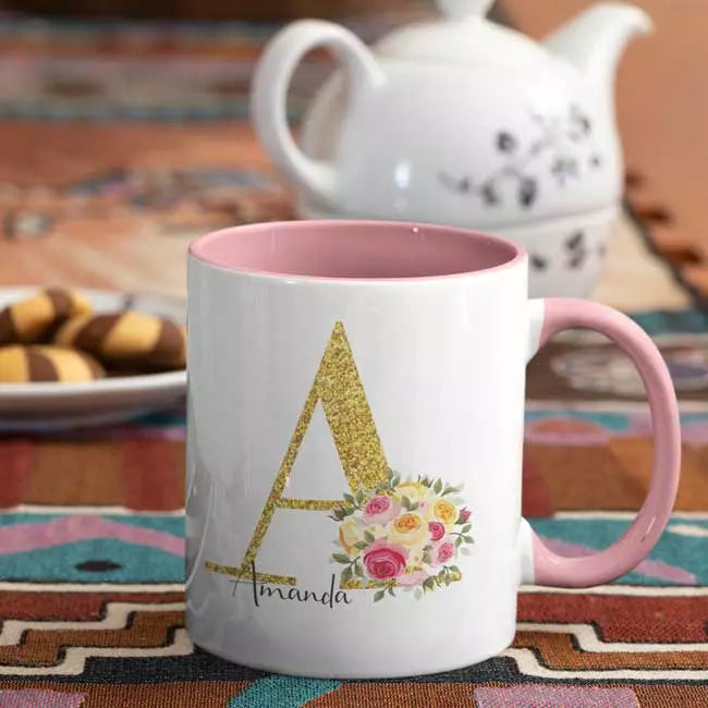 Personalised Name and Initial (with Flowers Bouquet Detail) Mug