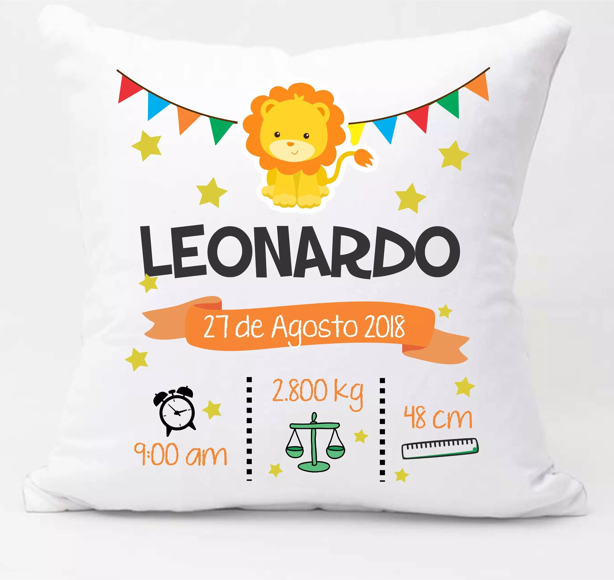Personalised Lion Newborn Baby Cushion - Add Name, Date, Time, Weight