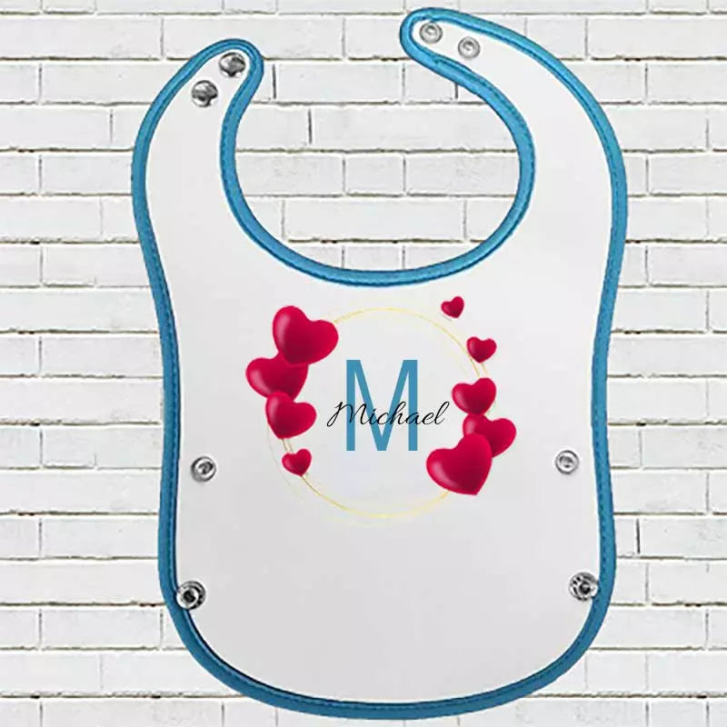 Blue Pocket Baby Bib with Hearts Design - Personalise with Name & Initial