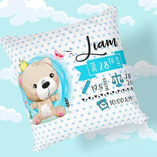 Personalised Teddy Bear Newborn Baby Cushion - Add Name, Date, Time, Weight