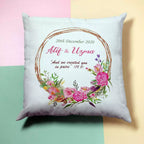 Personalised Pink flowers with Golden Rings Wreath Cushion - Add Names/Dates