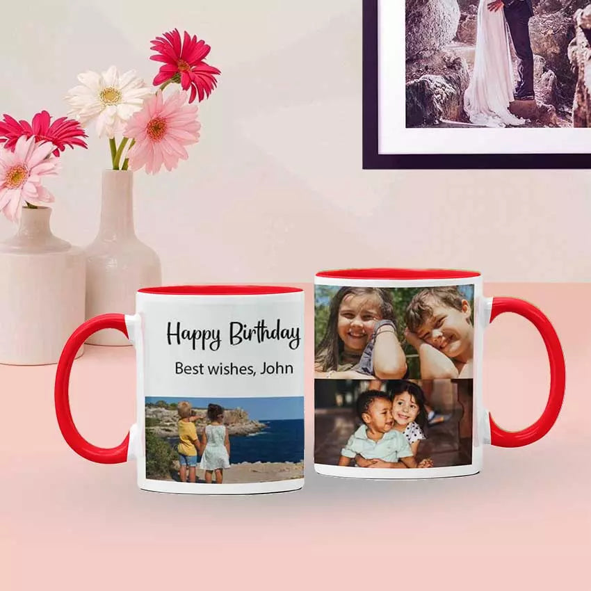 Personalised Yellow Coloured Inside Mug with 3 Photo Collage and Text