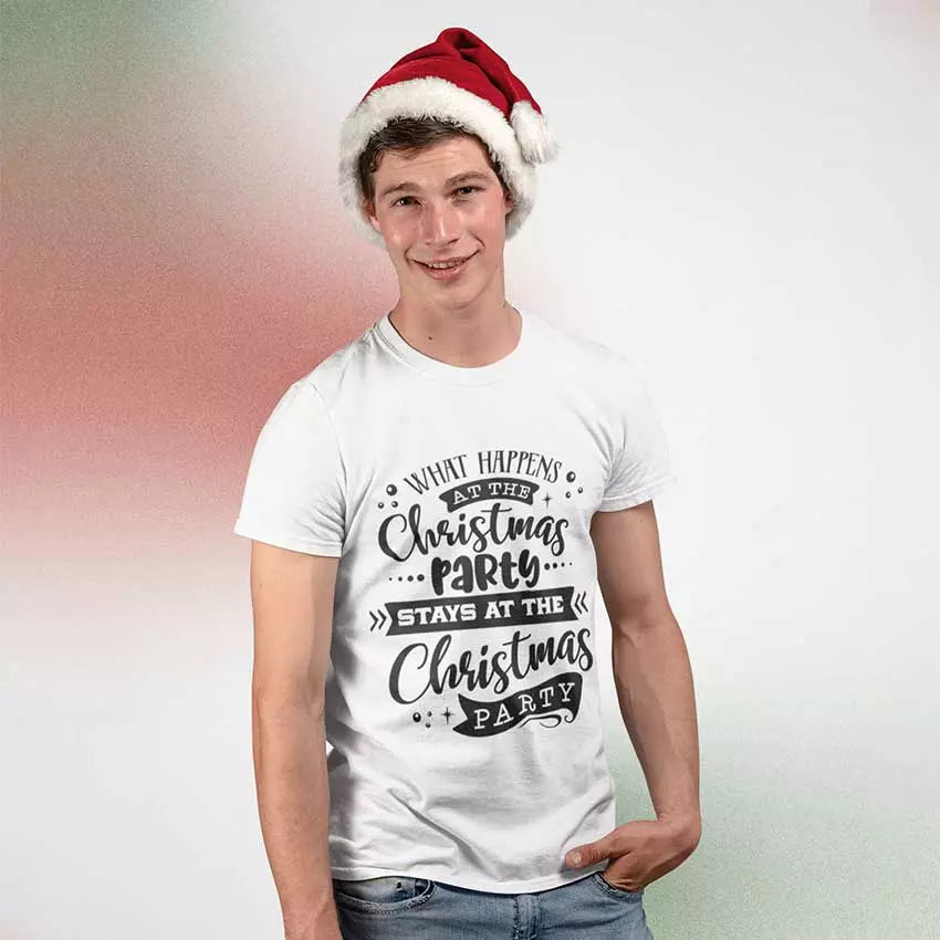 PersonalisedÂ "What Happens At The Christmas Party, Stays At The Christmas Party" t-Shirt