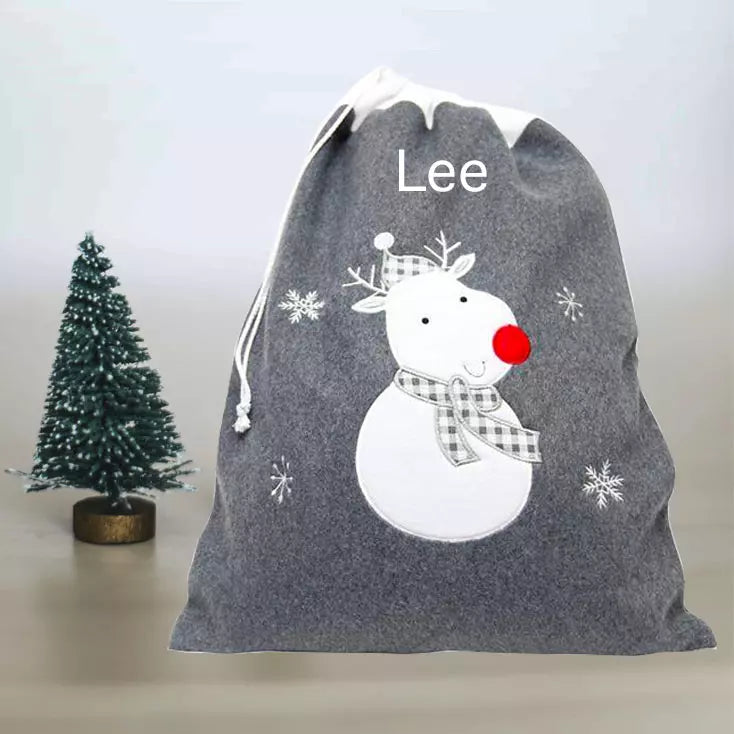 Personalised Plush Silver / Charcoal Reindeer Embroidered Christmas Sack