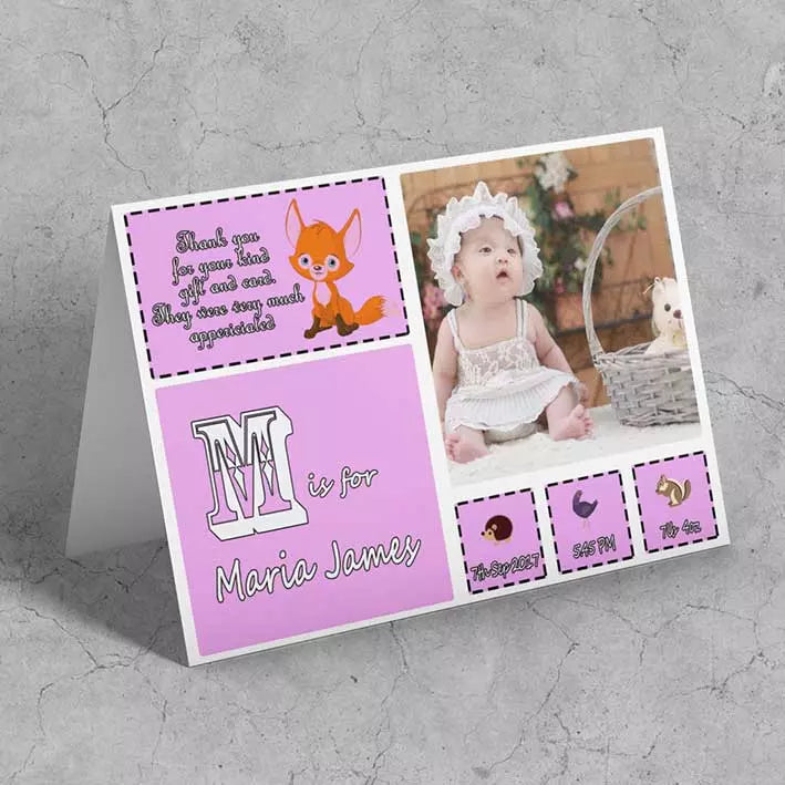 Personalised Pink Name Photo Card - Add Weight, Time, Date, Name, Message