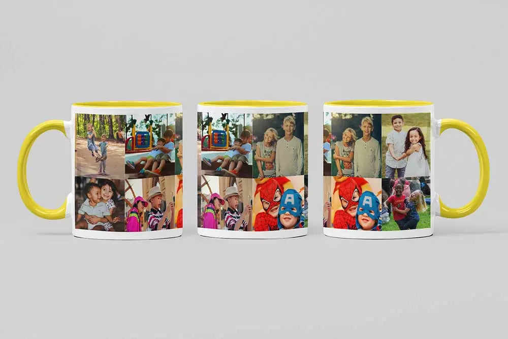 Personalised Yellow Coloured (White Handle) Mug with 8 Photo Collage