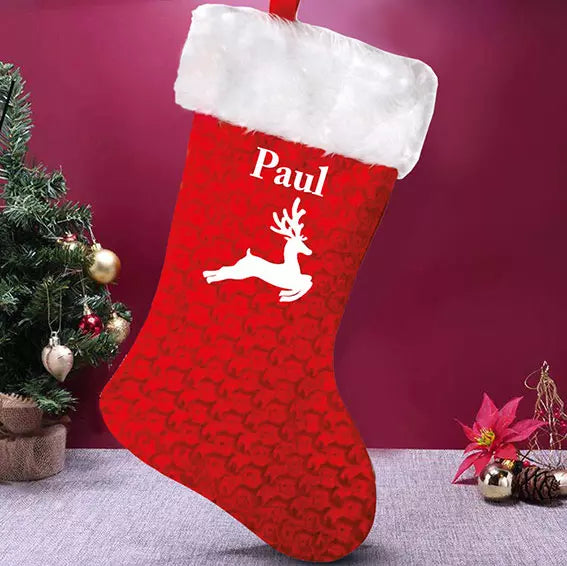 Deluxe Red Velvet Personalised Christmas Stocking with Reindeer Design