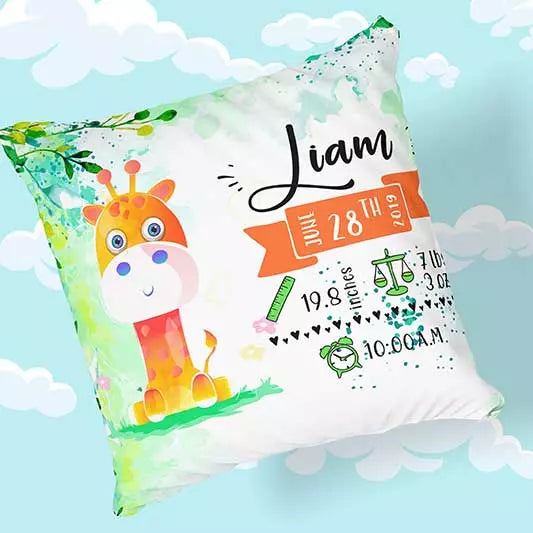 Personalised Giraffe Newborn Baby Cushion - Add Name, Date, Time, Weight