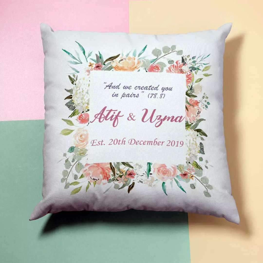 Personalised Peach & White Square Wreath Cushion - Add Names/Dates