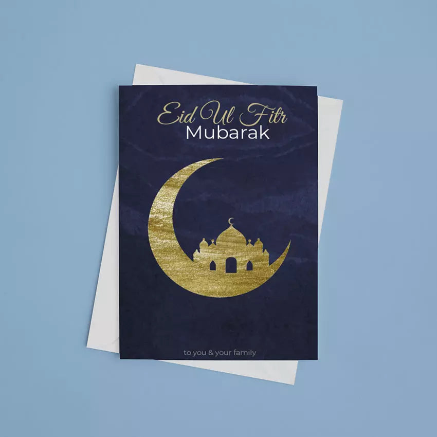 Personalised Golden Moon & Mosque Eid Mubarak Card - Add Name/Message