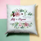 Personalised Pink flowers with Golden Rings Wreath Cushion - Add Names/Dates