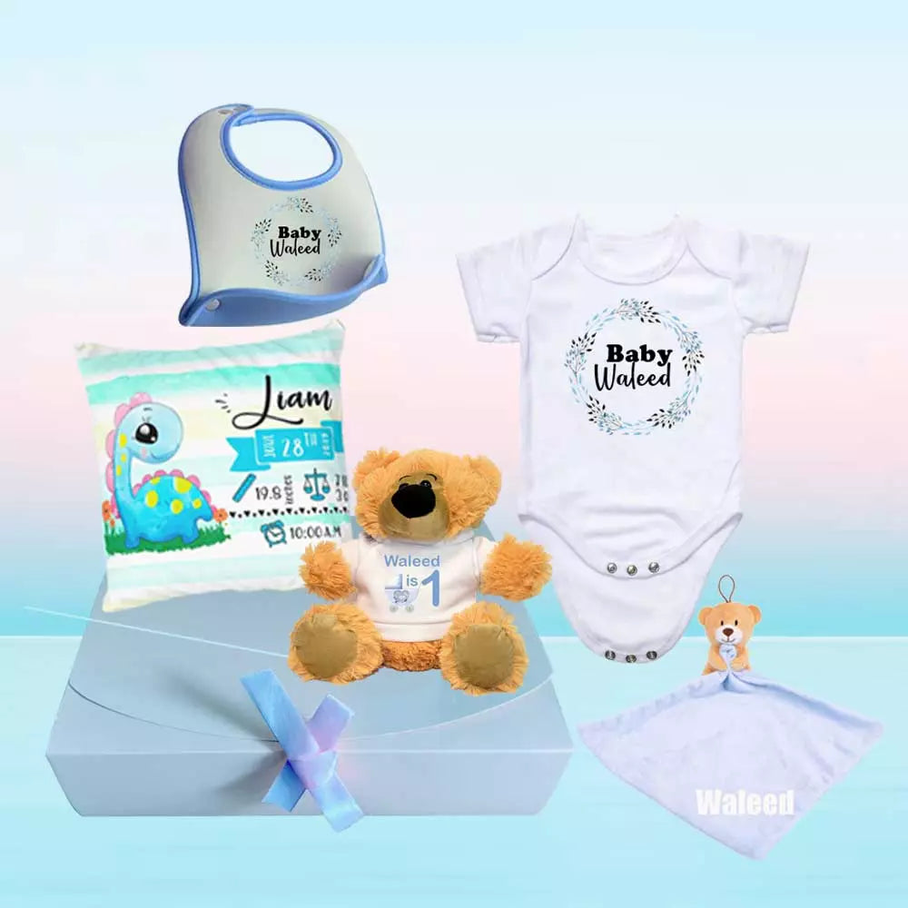 Personalised Baby Hamper - Cushion, Baby Grow, Bib, Teddy & Comforter