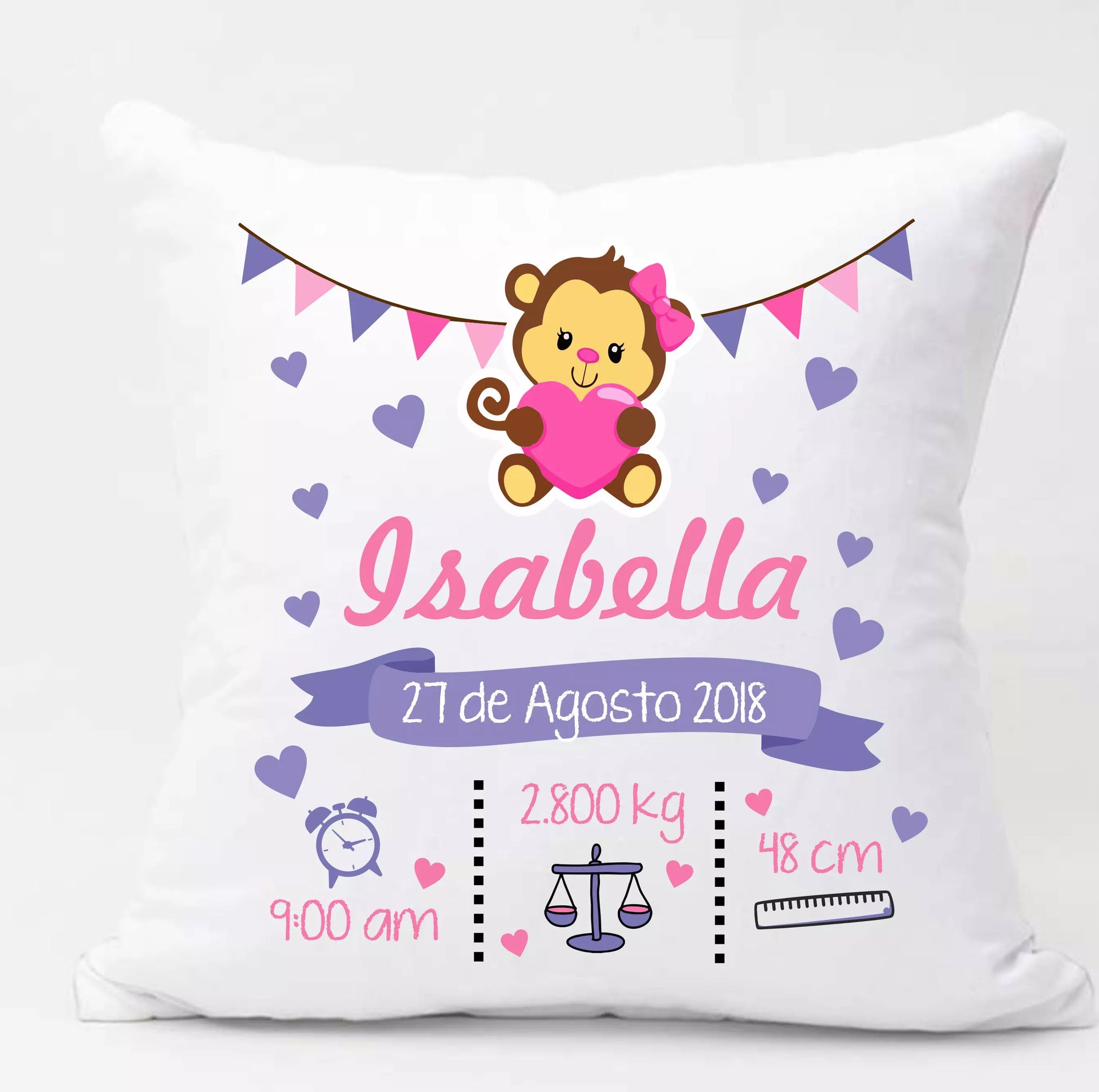 Personalised Monkey Newborn Baby Cushion - Add Name, Date, Time, Weight
