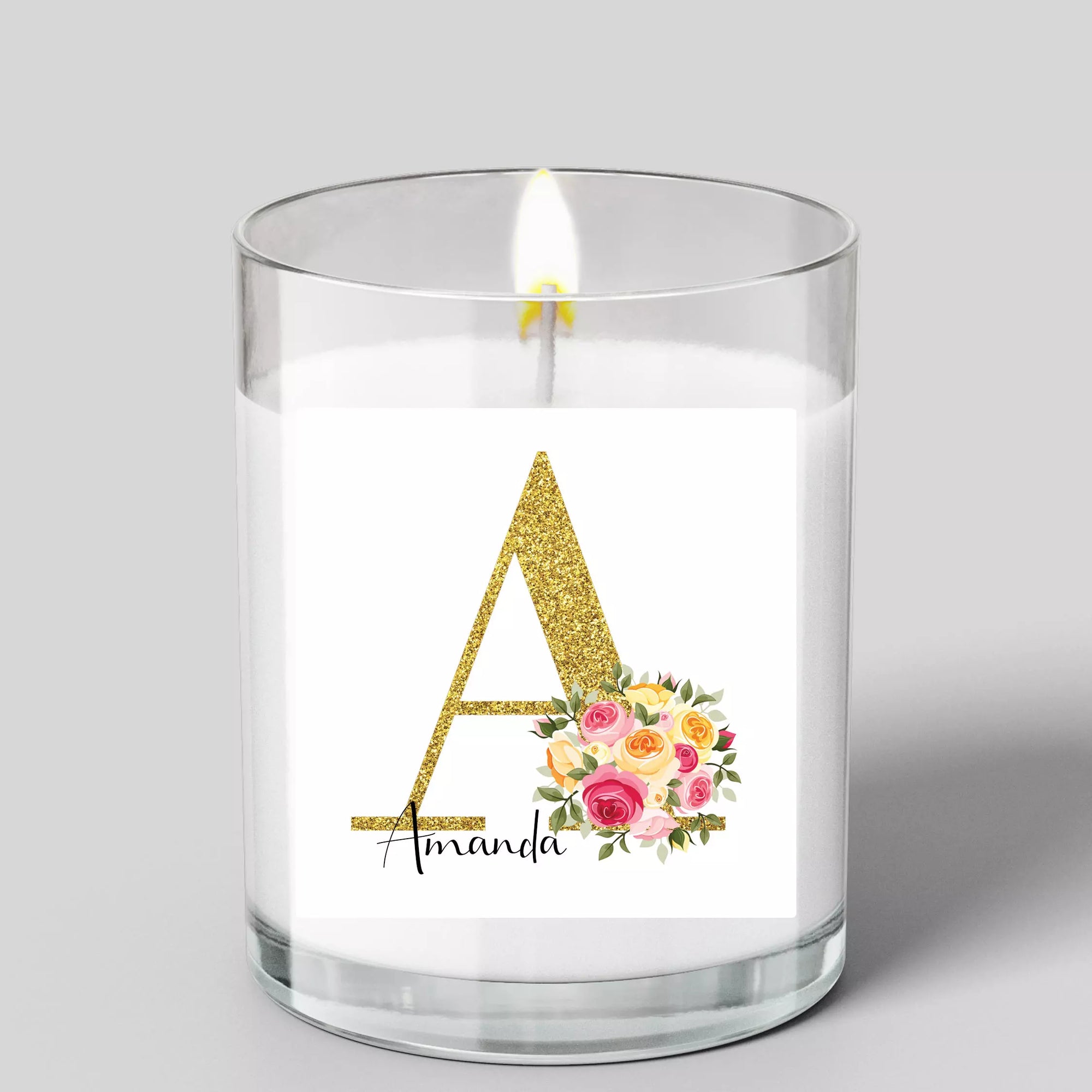 Personalised Name and Initial Glass Scented Candle with Lid - Flower Bouquet