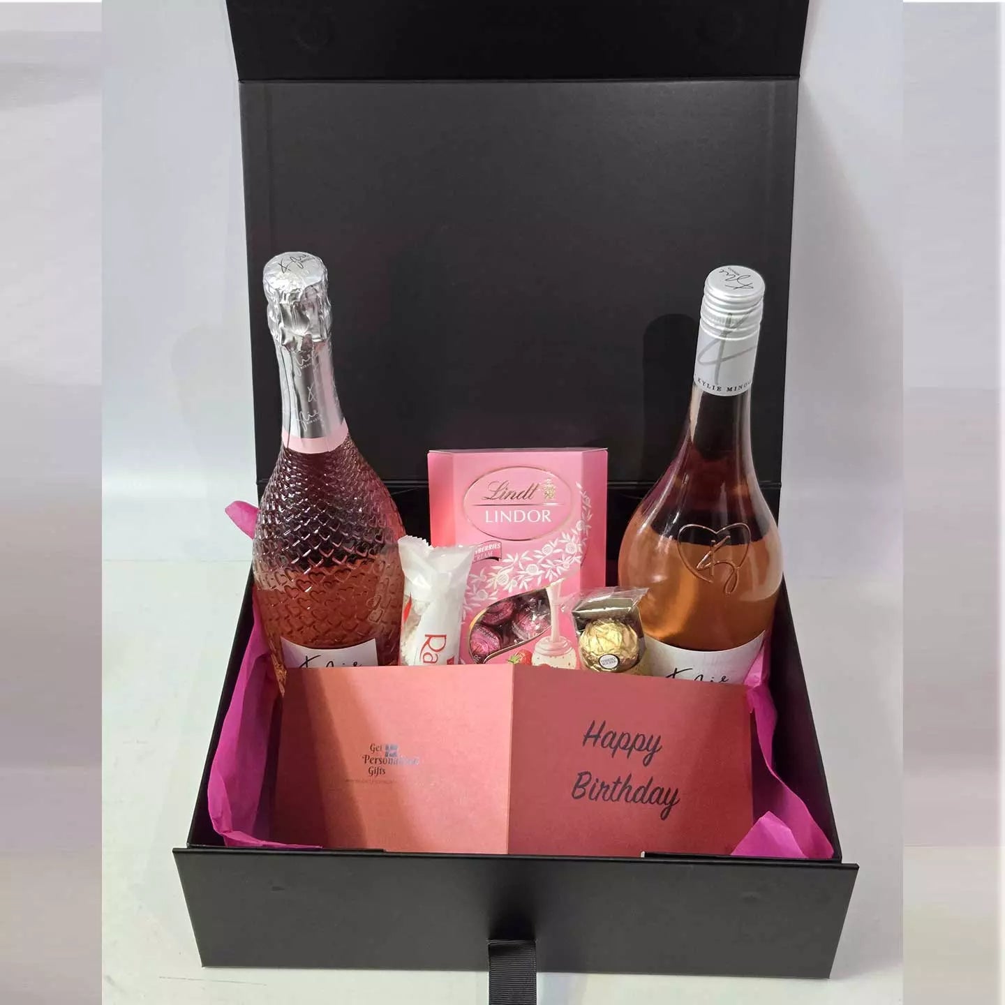 Luxury Kylie Minogue Rose/Prosecco and Snacks Hamper with Personalised Card