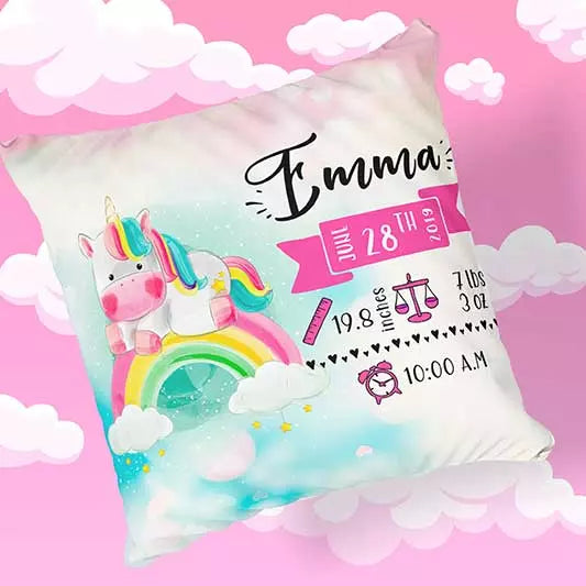 Personalised Unicorn Newborn Baby Cushion - Add Name, Date, Time, Weight