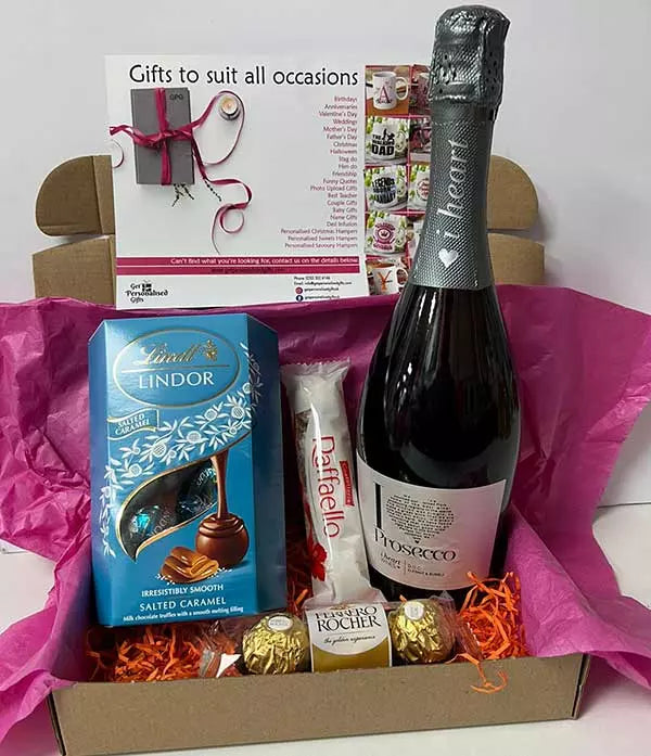 I Heart Prosecco and Snacks Hamper with Personalised Christmas Card