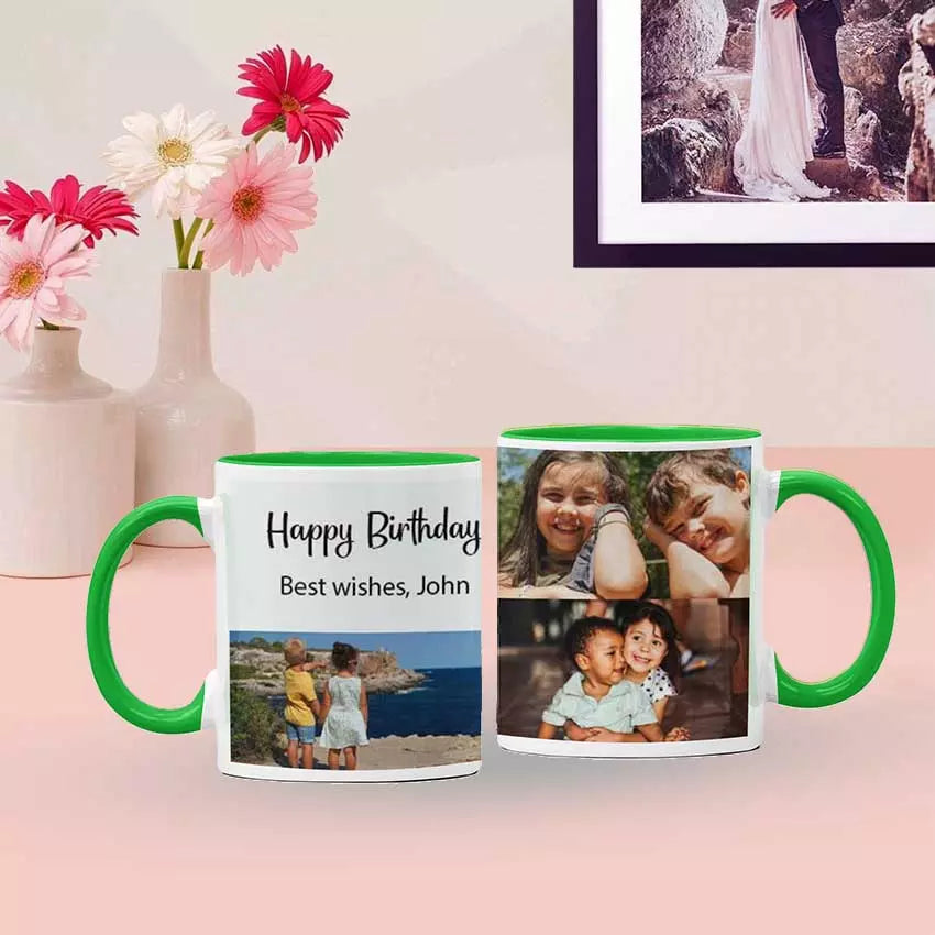 Personalised Yellow Coloured Inside Mug with 3 Photo Collage and Text