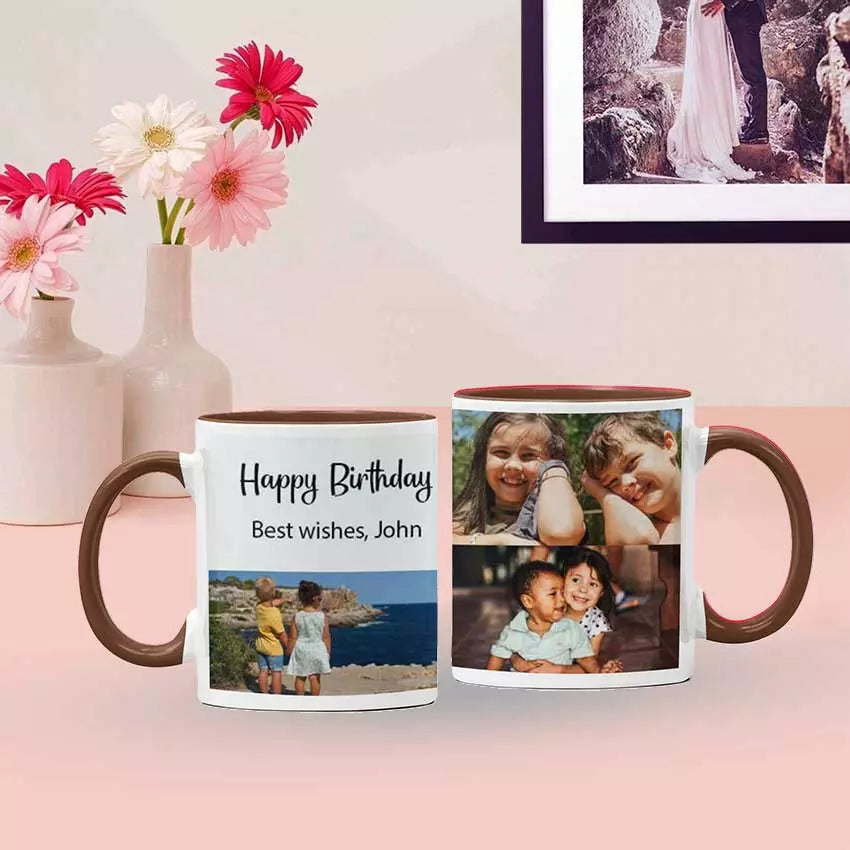 Personalised Yellow Coloured Inside Mug with 3 Photo Collage and Text